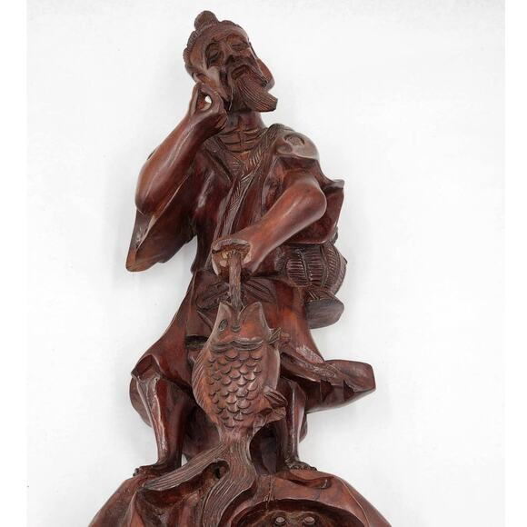 Vintage Asian Chinese Fisherman Hand Carved Wooden Sculpture Sage Elder Fish 12" - Picture 3 of 16